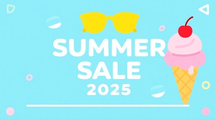 Summer Sale 2025 Banner with Ice Cream and Sunglasses. A fun and colorful banner for a summer sale in 2025. This graphic illustration features a bright blue background, summer sale.