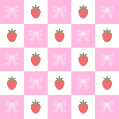 Y2K background. Retro abstract ribbon bows on chessboard. Pink pastel checkered gingham plaid pattern. Groovy pink checkered seamless pattern. Aesthetic groovy strawberry wallpaper.