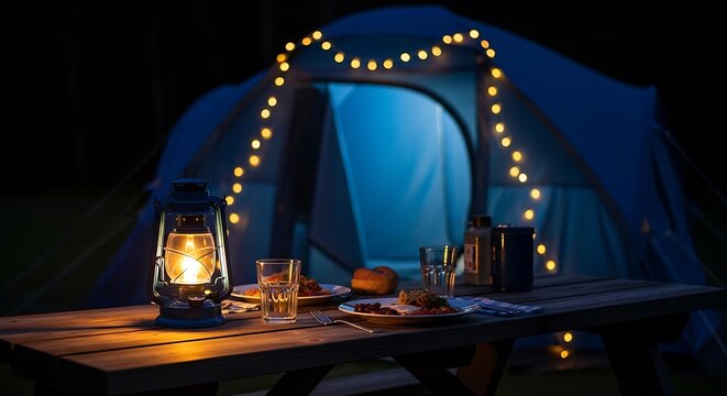Cozy campsite evening cozy camping tent illuminated by lantern and string lights offers warmth and ambiance - Powered by Adobe