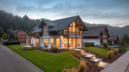 A stylish two story house with large balcony overlooking garden in upscale neighborhood, grey shingles, white trim,