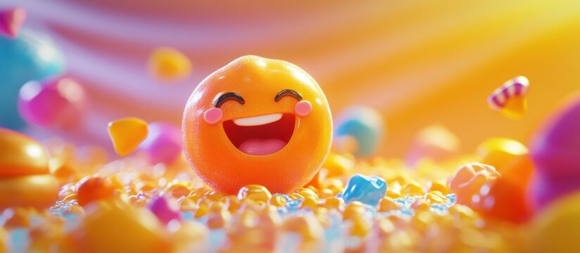 Cheerful orange candy character smiling brightly amidst a colorful candy landscape