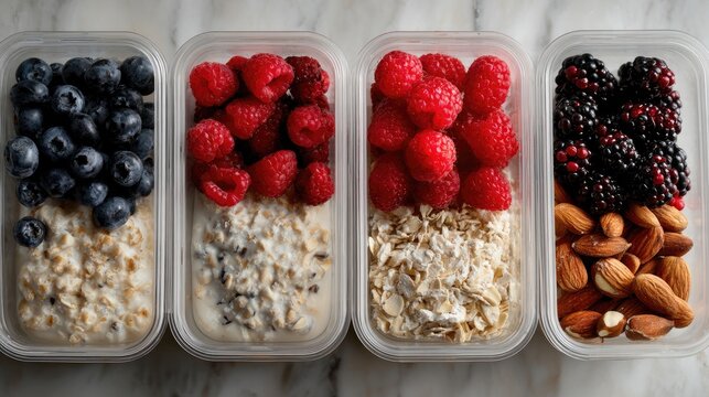 Four meal prep containers, each filled with oatmeal and different berries