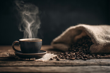 Hot coffee cup, spilled beans, and a burlap bag on wood.