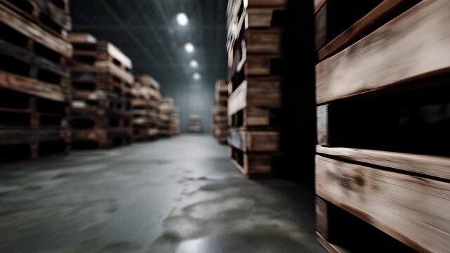 Rows of wooden pallets in a dimly lit industrial warehouse