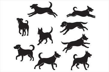 Dog silhouettes bundle , playful puppy icons, sitting, standing, running, vector pet clipart for trainers, veterinarians, animal shelter marketing, canine logo set, illustration,on white background.