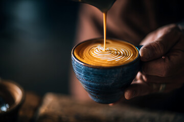 Barista pouring delicate latte art into a textured blue ceramic cup.
