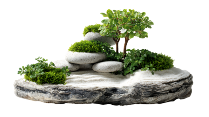 Miniature zen garden with tree and rock isolated on transparent background