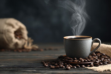 Warm coffee mug, burlap, and dark beans on textured wood.