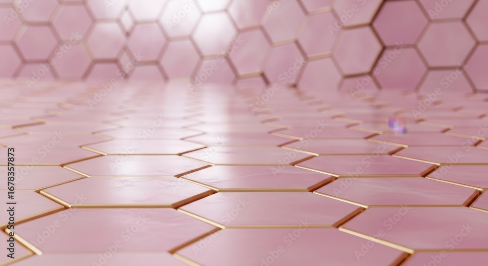 Poster 3d hexagonal surface with soft pink and golden hues for futuristic and elegant backgrounds