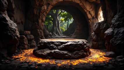 A natural rock podium in a dark cave with glowing lava fissures, looking out through an arch to a giant, ancient tree.