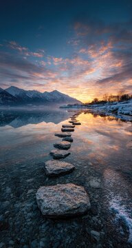 A serene lake vista at sunrise, with stones forming a path leading to mountains