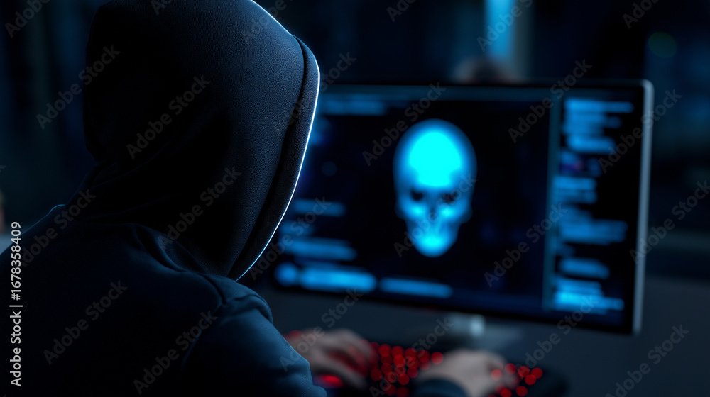 Poster hooded hacker in dark room facing computer screen displaying skull and malicious code.