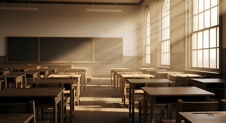 Sunlit Classroom Empty desks and chairs bathed in the warm glow of morning sunlight streaming through large windows, creating a serene atmosphere, ready for education