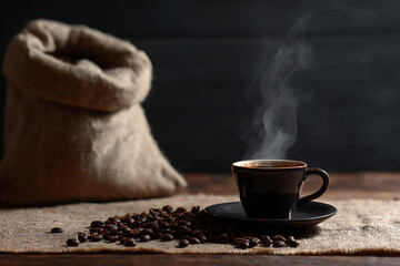 Steaming coffee cup with beans and burlap sack on rustic wooden table.