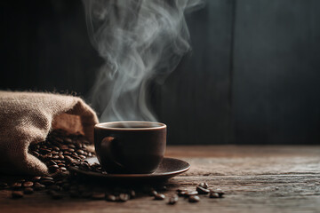 Aromatic steaming coffee with roasted beans scattered on wood.
