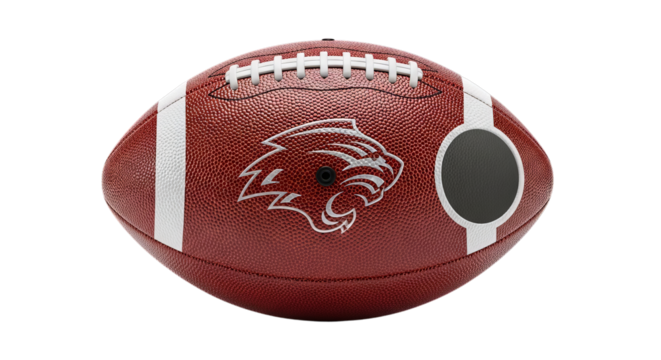 Close-up of a red and white football with a team logo, isolated on a white background. The football is ready for game day. Sports equipment and game concept - Powered by Adobe