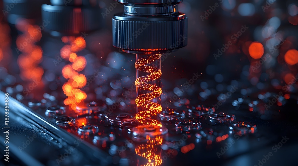Poster dynamic close up of a high tech hine with a glowing orange spiral light illustrating advanced scient