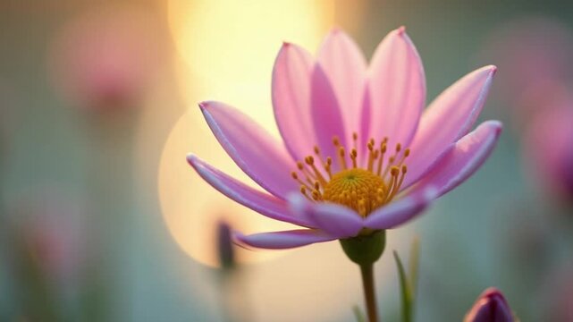 Close-up macro of delicate pink wildflower blooming in sunlight with soft bokeh water background, showing natural beauty and botanical detail in spring or