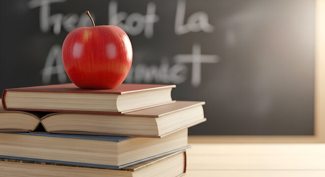 A vibrant red apple sits atop a stack of hardcover textbooks on a wooden desk, a classic symbol of education and learning with a softly blurred classroom chalkboard in the background