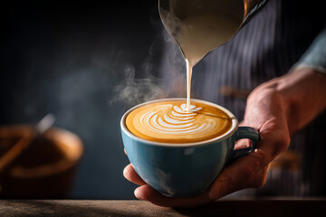 Barista skillfully pouring steamed milk to create latte art in a blue cup.