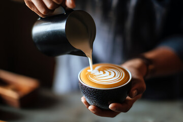 Skilled hands craft beautiful latte art in a speckled cup.