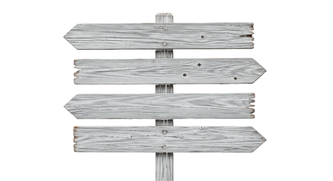 Weathered Wooden Signpost with Four Arrow Shaped Blanks isolated on a transparent background