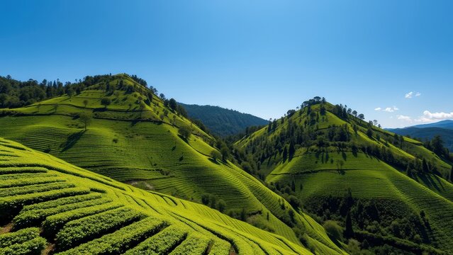 Lush green mountain view under clear blue sky