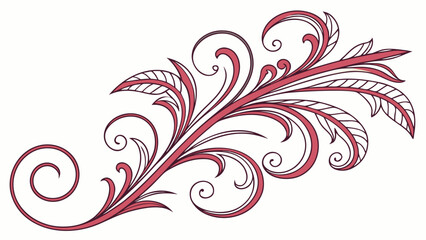 Elegant swirling red floral swirl design with delicate leaves and curlicues on white background