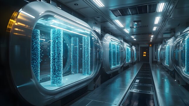 A futuristic high tech laboratory corridor features glowing blue DNA or data storage capsules in a clean sterile and modern scientific facility