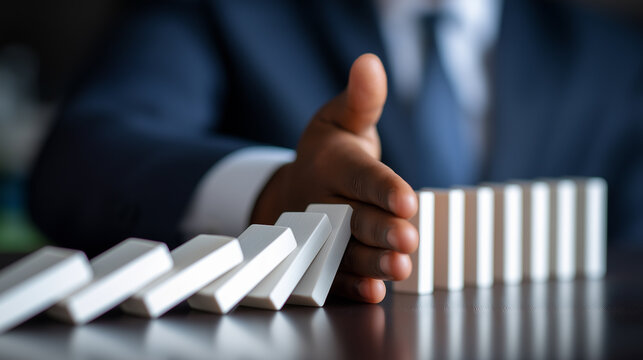 Businessman stopping falling dominoes with hand, symbolizing risk management and crisis prevention.