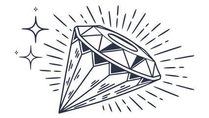 Hand drawn sparkling diamond gemstone with radiating light rays and starbursts on a white background