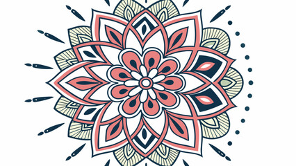 Intricate floral mandala design with pink navy blue and pale yellow colors on a white background
