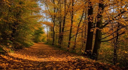 Naklejka premium Golden Autumn Forest Path with Fallen Leaves - Scenic Background