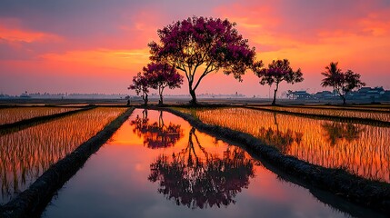 Naklejka premium Reflective water paddies under fiery sunset high resolution picture