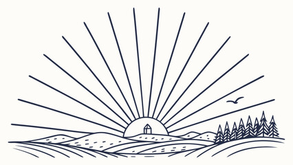 Minimalist line art illustration of a sunrise over rolling hills with a small house and pine trees