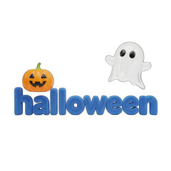 Obraz premium Halloween Pumpkin, White Ghost, Furry Blue Halloween Text, Transparent