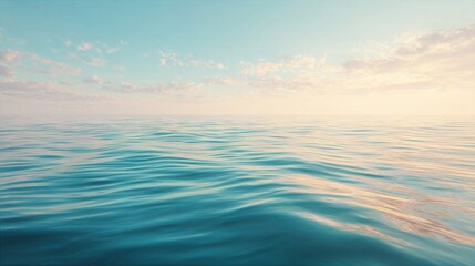 Obraz premium Calm ocean waters under an overcast sky during sunrise or sunset, soft blue hues with gentle ripples reflecting light,