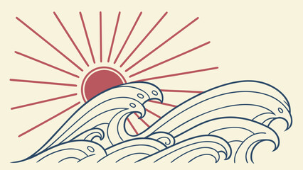 Stylized japanese great wave and rising sun illustration with a minimalist aesthetic and cream background