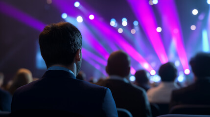 Audience in formal attire watching a stage event under dramatic lighting.