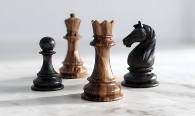 four chess pieces, carved from ebony sapwood and heartwood, with a slightly angled, extreme perspective