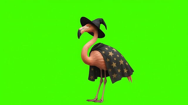Pink Flamingo Dressed as a Witch on Green Screen