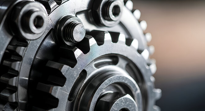 Intricate metallic gearbox assembly with interlocking steel gears and cogs, a powerful representation of precision engineering, mechanical teamwork, and complex industrial processes and systems