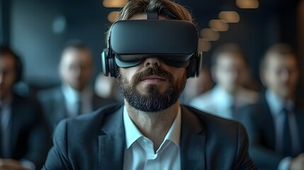 A focused businessman wearing a virtual reality headset and headphones engaging in a digital simulation or training experience during a corporate