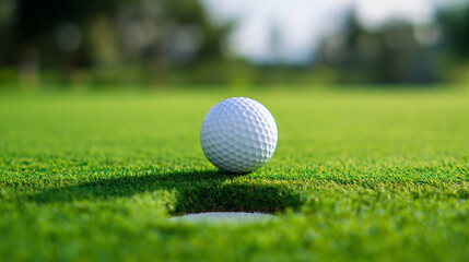Obraz premium Golf ball near the hole on a putting green at sunset.