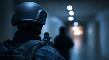 Fototapeta premium Armed tactical team moving through a corridor in low light during a mission.