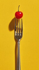 Red cherry on a silver fork against yellow background