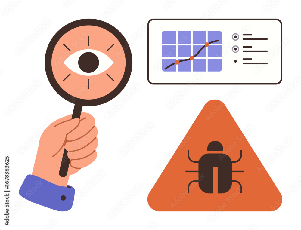 Poster hand holding magnifying glass with eye, chart analytics, and bug warning triangle. ideal for data an
