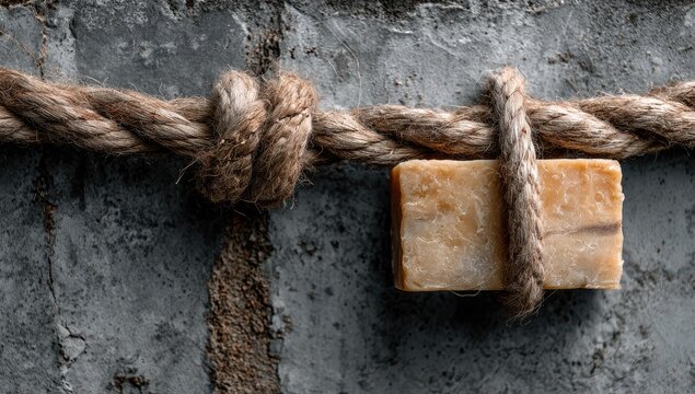 Beige soap tied with rope on a textured wall