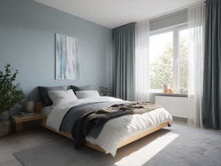 A serene bedroom interior showcases a light gray color palette, a comfortable bed, and a window overlooking a tree-filled garden.