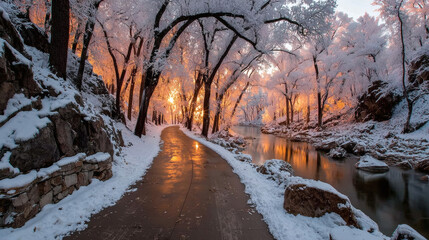 A snowy forest path with a gentle curve and a backdrop of glowing trees --ar 16:9 --s 750 --c 20